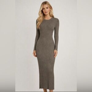 Naked Wardrobe | gray ribbed knit long sleeve sweater dress maxi stretch medium